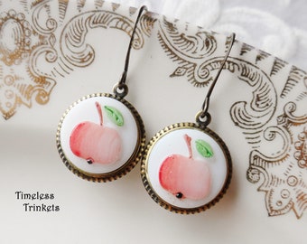 Earrings made with Glass Vintage Buttons, Apple, Red, Fruit, White, Green, Brown, Brass Ox, Timeless Trinkets