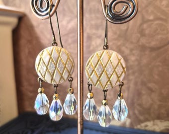 Earrings, Antique Carved Mother of Pearl Button, Iridescent, Geometric Diamond Pattern, , Gold Trim, Dangle, Vintage AB Glass, Brass, OOAK
