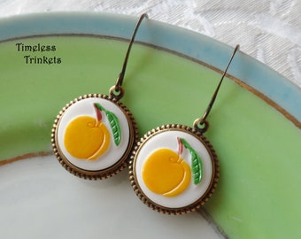 Earrings made with Glass Vintage Buttons, Milk Glass, Peach, Fruit, White, Green, Yellow, Brass Ox, Timeless Trinkets
