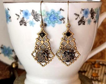 Earrings made with Antique Glass Buttons(1850-1900), Diminutive, Flower, Victorian, Black with Gold Trim, Blue, Brass