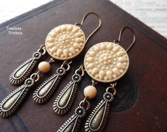 Earrings made with Vintage Glass Buttons(1935-1960's), Carmel, Tan, Geometric, Flower Design, Antique Brass, Timeless Trinkets