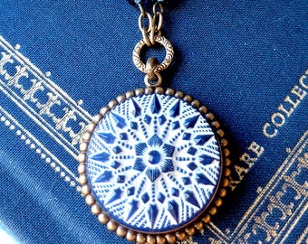 Necklace made using Czech Art Glass Button Focal Made from Vintage Molds, Geometric Flower, Navy, White, Glass Beads, Timeless Trinkets