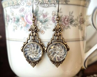 Earrings made with Antique Glass Buttons, Clear Glass with Foil Backs, Brass Ox