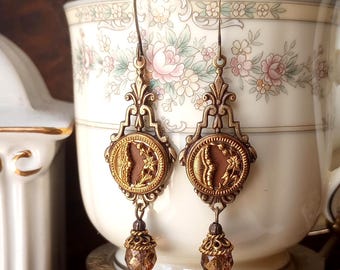 Earrings made with Antique Buttons(c.1865-1904), Gold Trim, Flowers, Copper Brown, Czech Glass, Brass, Timeless Trinkets, Bali Gold