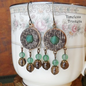Earrings made with Antique Buttons(c.1860-1900), Fabric Buttons, Genuine Smoky Quartz and Aventurine Beads, Brass Ox,Timeless Trinkets