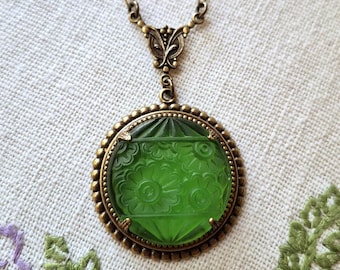 Vintage Glass Cabochon Necklace (1935-1960's): Green, Frosted Glass, Flowers, Ornate, Brass Ox