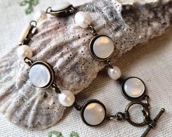 Bracelet made with Antique Mother of Pearl Buttons(c.1900-1920), Brass Ox, Off-White, Ivory, Freshwater Pearls, Petite Buttons