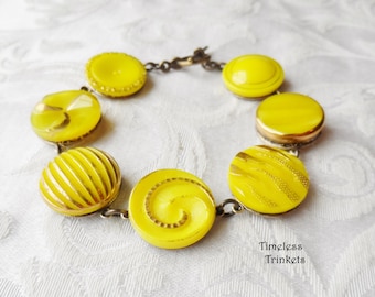 Bracelet,Vintage Glass Buttons(c.1930-1960), Yellow, Sunny, Lemon, Gold Trim, Geometric, Art Deco, Brass, OOAK, Bold, Timeless Trinkets