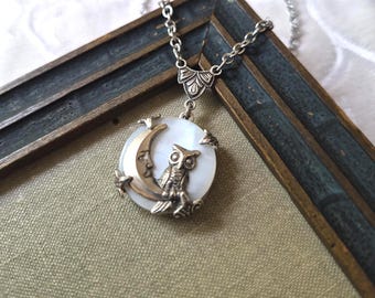 Necklace, Owl and Moon Charm, Antique Mother of Pearl Button, Antique Silver Finish