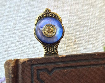 Bookmark, Antique/Vintage Mother of Pearl Button , Blue, Watch Gears, Steampunk , Antique Brass