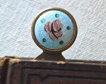 Bookmark- Vintage Guilloche Enamel Rose Cameo, Blue, Pink, Brass