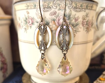 Earrings made with Vintage Mother of Pearl Slide Buckles(c.1920-1930's)  Ivory-Beige, Brass, Swarovski Crystals, Timeless Trinkets