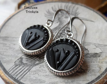 Antique Glass Button(c.1860-1900) Earrings, Geometric Design, Art Deco, Black, Antique Silver Ox, Timeless Trinkets