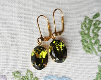 Sale!!! Vintage Czech Glass Crystal Earrings, Olive, Green, Gold, Plated, Timeless Trinkets