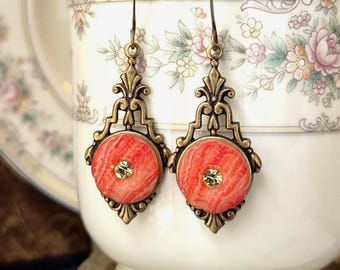 Earrings made with Vintage Slag Glass Buttons : Salmon, Orange-Red, Golden Glass Rhinestone, Sparkle, Brass