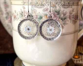 Vintage Glass Button Earrings(1935-1960's): Clear, Antique Silver, Lacey Flower Design, Rhinestones, Powder Blue
