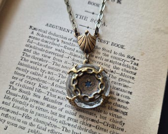 Antique Button Necklace, Star Tinted Blue Center, Victorian Button, Faceted Clear Glass, Depression Glass Button, Antique Brass Ox