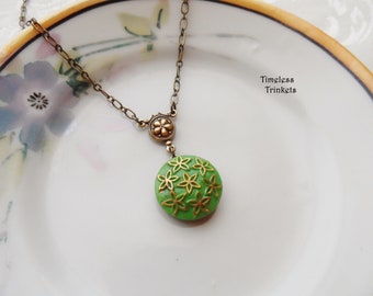 Necklace made with Vintage Glass Button(c.1930-1960), Green with Gold Trim, Flower Design, Timeless Trinkets, Vintage Button Jewelry