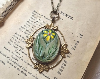 Necklace made using Vintage Glass Cameo, Art Nouveau, Yellow Flower with Greenery, Brass Ox Victorian Reproduction Setting