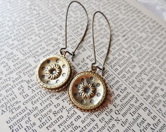 Earrings made with Antique Buttons(c.1860-1915), Mirror back Buttons, Twinkle, Flower Design, Antique Gold, Brass Ox, Timeless Trinkets