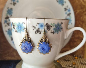 Earrings made with Vintage Glass Buttons(1935-1960's), Flower, Blue, Gold Trim, Antique Brass, Timeless Trinkets