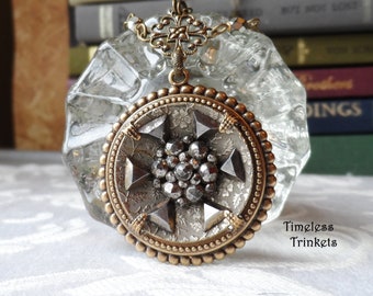 Antique Wallpaper Button Necklace: Steel Cut Gems, Czech Glass