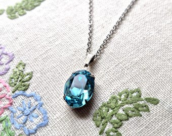 Sale! Czech Glass Crystal Necklace, Aquamarine Blue, Silver Ox, Timeless Trinkets