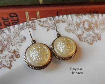 Earrings made using Vintage Glass Buttons made in Germany, Flowers, One of a Kind, Paisley, Yellow, Frosted, Antique Brass,Timeless Trinkets