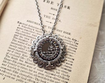 Necklace made with Antique Picture Button(1880-1910), Victorian Fashion, Little Bird on Lattice with Flowers, Silver Ox, Timeless Trinkets