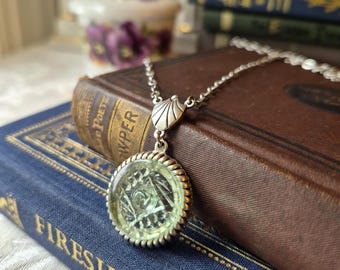 Vintage Glass Button Necklace (1920-1930's): Geometric Pattern, Light Green, Antique Silver, Depression Glass