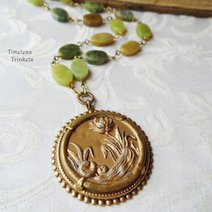 Antique Button Necklace: Water Lily, Serpentine Jade, Brass Pendant