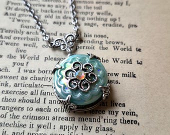 Necklace made with Vintage Uranium Glass Button, Seafoam Green with Rainbow Glitter Glaze, Silver Ox Filigree