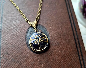 Czech Art Glass Button Necklace, Dragonfly, Dark Metallic Blue, Gold Trim, Antique Brass