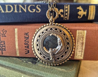 Necklace, Antique Mother of Pearl Button, Dream Weaver, Lady in the Moon, Dark Side of Crescent Moon, Brass Ox Filigree, Timeless Trinkets