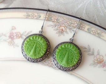 Earrings made with Vintage Glass Buttons, Ornate Art Nouveau Pattern, Green, Antique Silver Ox Filigree