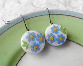 Vintage Glass Button Earrings, Decal Design, Forget Me Not, Blue, Green, Yellow, White, Glass, Antique Brass Filigree, Timeless Trinkets