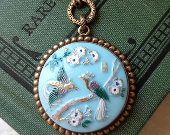 Necklace made using Czech Art Glass Button Focal Made from Vintage Molds, Peacocks in Cherry Tree, Aqua, Glass Beads, Timeless Trinkets