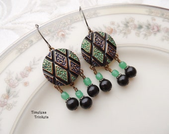 Earrings made with Vintage Glass Buttons(c.1935-1960), Diamond Pattern, Black, Navy Blue, Green, Gold, Brass Ox, Obsidian Beads