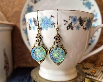 Czech Art Glass Earrings, Made from Vintage Molds, Uranium Glass, Rainbow Iridescent, Flower Design, Brass Ox