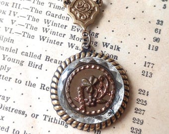Antique Button Necklace, Clover and Flowers, Tinted Brown, Victorian Button, Faceted Clear Glass, Depression Glass Button, Antique Brass Ox