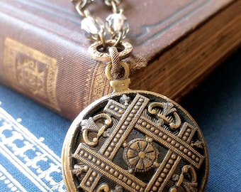 Necklace made with Antique Filigree Brass Button(c.1870-1920), Reversible Setting with Watch Face, Bead Czech Glass Chain, Timeless Trinkets
