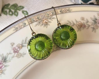 Vintage Glass Button Earrings (1920-1940's):Flower, Green Translucent, Depression Glass,  Daisy, Antique Brass Ox, Dangle