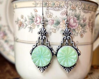 Earrings made with Vintage Uranium Glass Buttons, Iridescent, Green, Mint, Geometric Design, Jadeite, Silver Ox