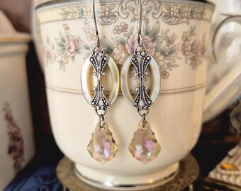 Earrings made with Vintage Mother of Pearl Slide Buckles(c.1920-1930's)  Ivory, Silver Ox, Swarovski Crystals, Timeless Trinkets