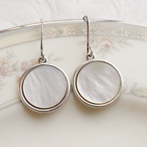 Earrings made with Antique Mother of Pearl Disc, Ivory with Opalescent Sheen, Silver Ox, Timeless Trinkets, Button Jewelry image 2