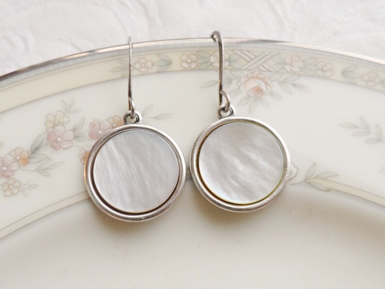 Earrings made with Antique Mother of Pearl Disc, Ivory with Opalescent Sheen, Silver Ox, Timeless Trinkets, Button Jewelry image 2