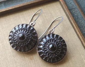 Earrings, Vintage Glass Buttons(c.1935-1960), Geometric Flower Pattern, Black, Silver Wash, Silver Ox, Timeless Trinkets