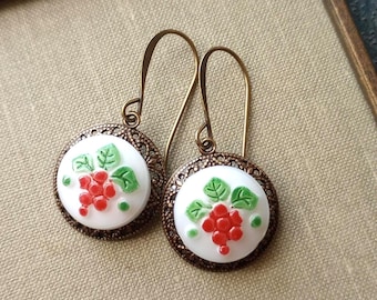 Earrings made with Glass Vintage Buttons, Milk Glass, Grapes, Fruit, White, Green, Red, Brass Ox, Timeless Trinkets