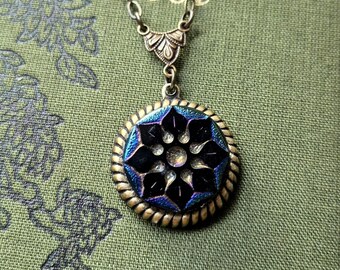 Necklace, Antique Glass Button, Black with Rainbow Highlights, Made in former Czechoslovakia, Antique Brass, Timeless Trinkets