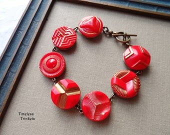 Bracelet,Vintage Glass Buttons(c.1930-1960), Red, Gold Trim, Geometric, Art Deco, Brass, OOAK, Bold, Timeless Trinkets